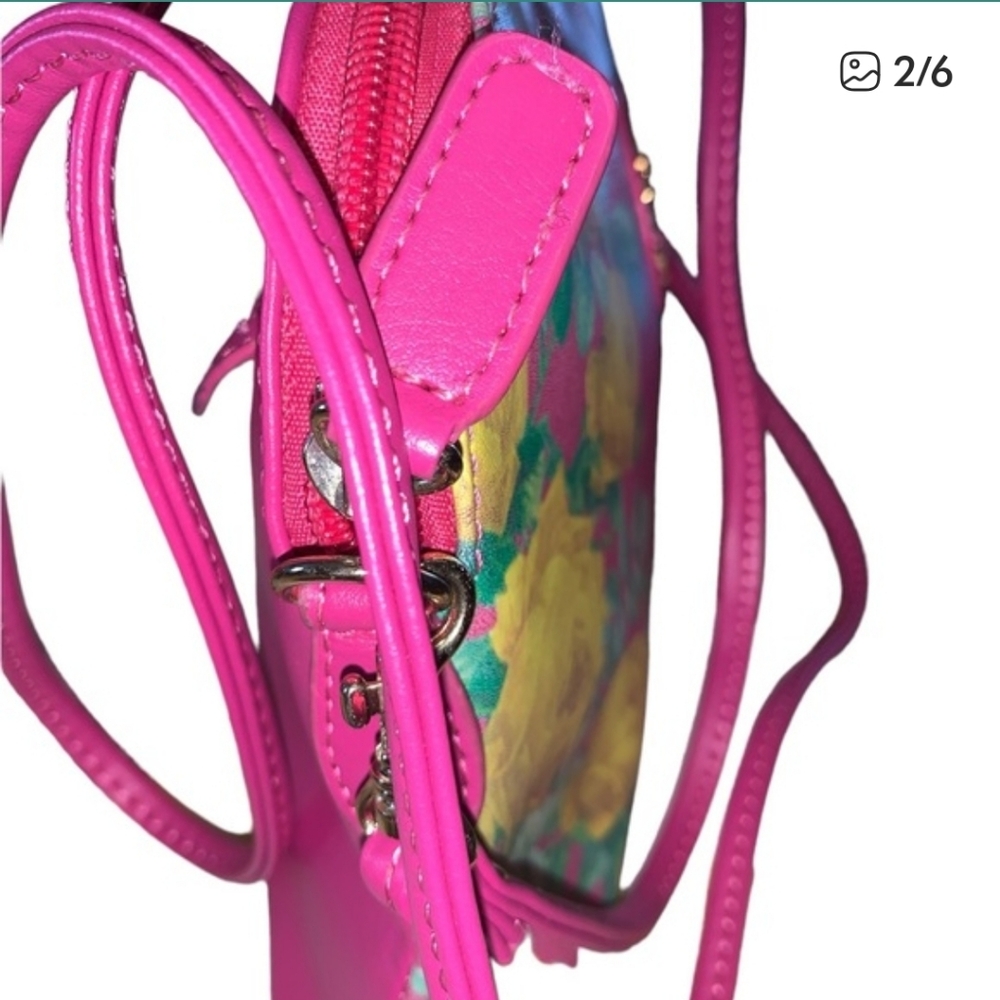 Sharif Pink Crossbody Bag with Yellow Floral Print EUC - Picture 2 of 6